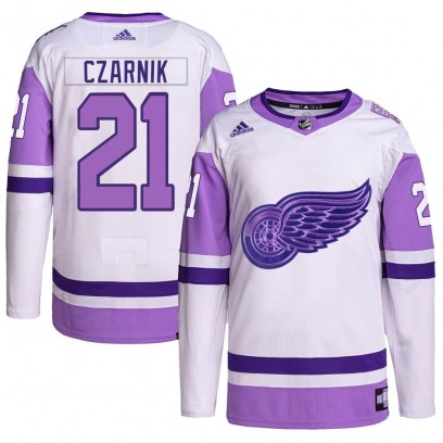 Youth Authentic Detroit Red Wings Austin Czarnik Adidas Hockey Fights Cancer Primegreen Jersey - White/Purple