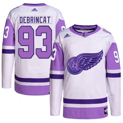 Youth Authentic Detroit Red Wings Alex DeBrincat Adidas Hockey Fights Cancer Primegreen Jersey - White/Purple