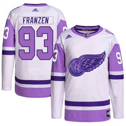 Youth Authentic Detroit Red Wings Johan Franzen Adidas Hockey Fights Cancer Primegreen Jersey - White/Purple