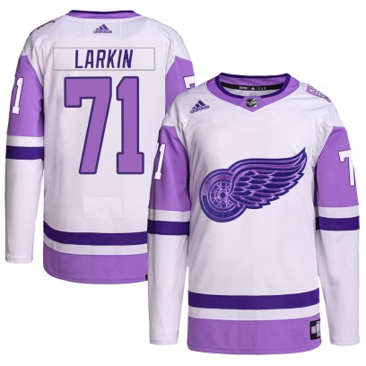 Youth Authentic Detroit Red Wings Dylan Larkin Adidas Hockey Fights Cancer Primegreen Jersey - White/Purple