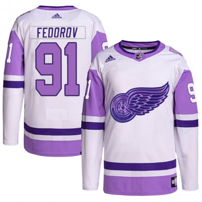 Men's Authentic Detroit Red Wings Sergei Fedorov Adidas Hockey Fights Cancer Primegreen Jersey - White/Purple