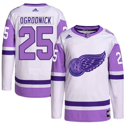 Men's Authentic Detroit Red Wings John Ogrodnick Adidas Hockey Fights Cancer Primegreen Jersey - White/Purple