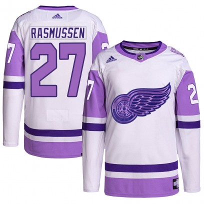 Men's Authentic Detroit Red Wings Michael Rasmussen Adidas Hockey Fights Cancer Primegreen Jersey - White/Purple