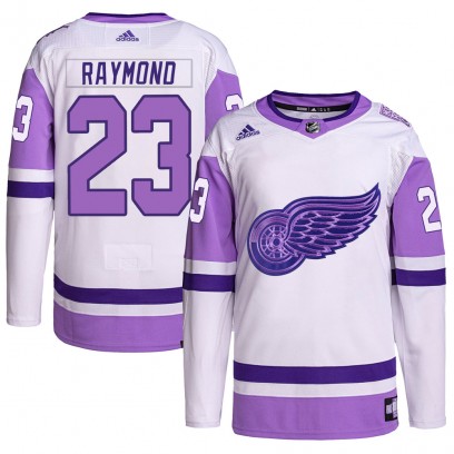 Men's Authentic Detroit Red Wings Lucas Raymond Adidas Hockey Fights Cancer Primegreen Jersey - White/Purple
