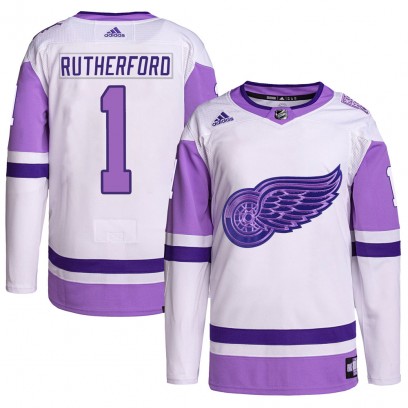 Men's Authentic Detroit Red Wings Jim Rutherford Adidas Hockey Fights Cancer Primegreen Jersey - White/Purple