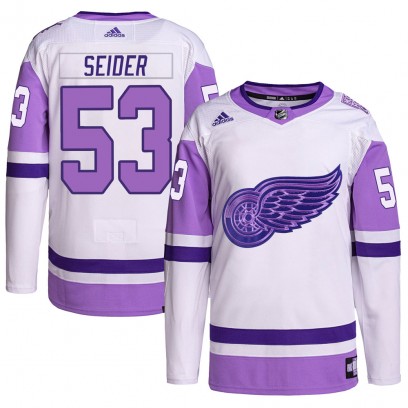 Men's Authentic Detroit Red Wings Moritz Seider Adidas Hockey Fights Cancer Primegreen Jersey - White/Purple