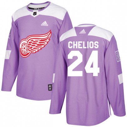 Men's Authentic Detroit Red Wings Chris Chelios Adidas Hockey Fights Cancer Practice Jersey - Purple