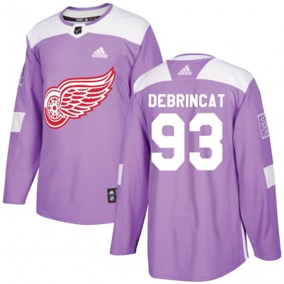 Men's Authentic Detroit Red Wings Alex DeBrincat Adidas Hockey Fights Cancer Practice Jersey - Purple