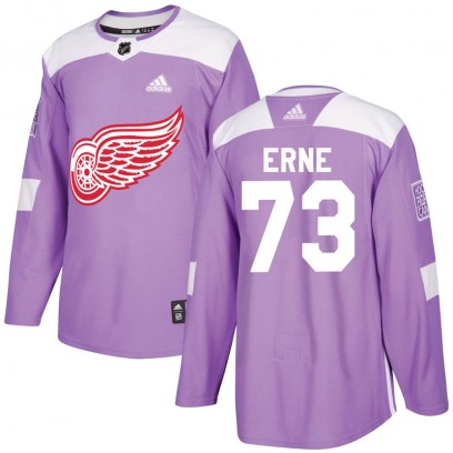 Men's Authentic Detroit Red Wings Adam Erne Adidas Hockey Fights Cancer Practice Jersey - Purple