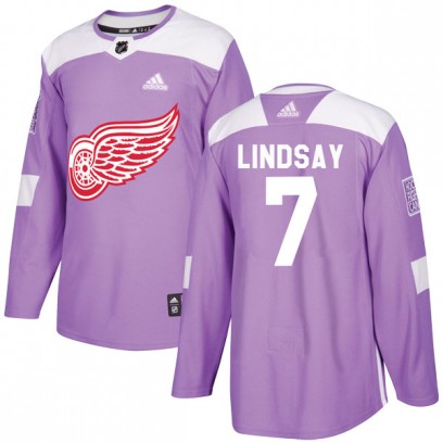 Men's Authentic Detroit Red Wings Ted Lindsay Adidas Hockey Fights Cancer Practice Jersey - Purple