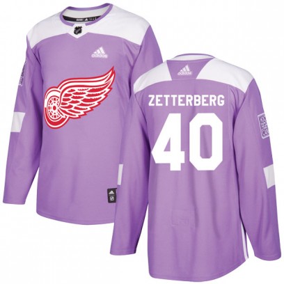 Men's Authentic Detroit Red Wings Henrik Zetterberg Adidas Hockey Fights Cancer Practice Jersey - Purple