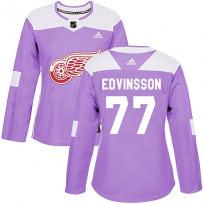 Women's Authentic Detroit Red Wings Simon Edvinsson Adidas Hockey Fights Cancer Practice Jersey - Purple