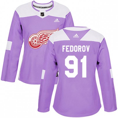 Women's Authentic Detroit Red Wings Sergei Fedorov Adidas Hockey Fights Cancer Practice Jersey - Purple