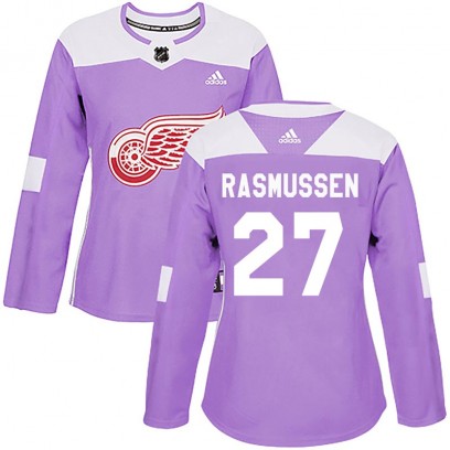 Women's Authentic Detroit Red Wings Michael Rasmussen Adidas Hockey Fights Cancer Practice Jersey - Purple