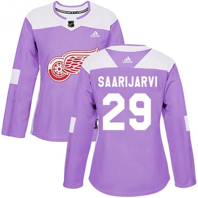 Women's Authentic Detroit Red Wings Vili Saarijarvi Adidas Hockey Fights Cancer Practice Jersey - Purple
