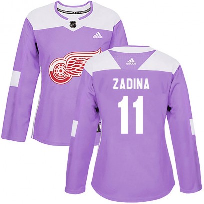Women's Authentic Detroit Red Wings Filip Zadina Adidas Hockey Fights Cancer Practice Jersey - Purple