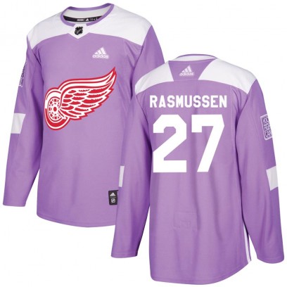 Youth Authentic Detroit Red Wings Michael Rasmussen Adidas Hockey Fights Cancer Practice Jersey - Purple