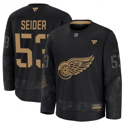 Youth Premium Detroit Red Wings Moritz Seider Fanatics 2024 Military Appreciation Practice Jersey - Black