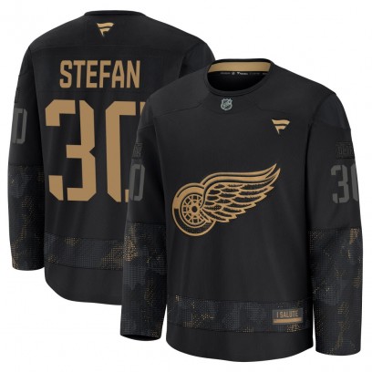Youth Premium Detroit Red Wings Greg Stefan Fanatics 2024 Military Appreciation Practice Jersey - Black