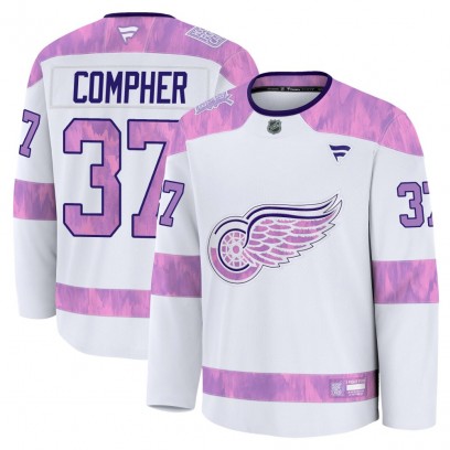 Men's Premium Detroit Red Wings J.T. Compher Fanatics 2024 Hockey Fights Cancer Practice Jersey - White
