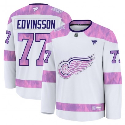 Men's Premium Detroit Red Wings Simon Edvinsson Fanatics 2024 Hockey Fights Cancer Practice Jersey - White