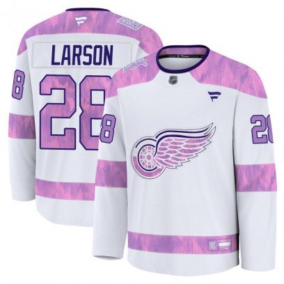Men's Premium Detroit Red Wings Reed Larson Fanatics 2024 Hockey Fights Cancer Practice Jersey - White