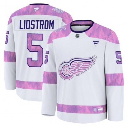 Men's Premium Detroit Red Wings Nicklas Lidstrom Fanatics 2024 Hockey Fights Cancer Practice Jersey - White