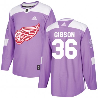 Men's Authentic Detroit Red Wings John Gibson Adidas Hockey Fights Cancer Practice Jersey - Purple