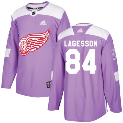 Men's Authentic Detroit Red Wings William Lagesson Adidas Hockey Fights Cancer Practice Jersey - Purple