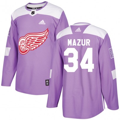 Men's Authentic Detroit Red Wings Carter Mazur Adidas Hockey Fights Cancer Practice Jersey - Purple