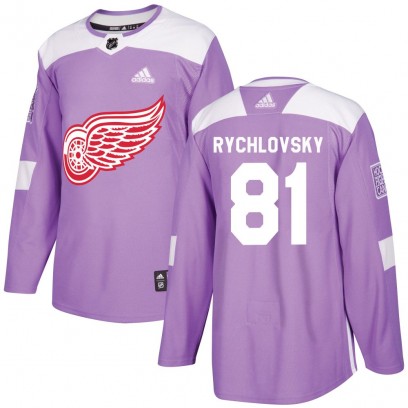 Men's Authentic Detroit Red Wings Jakub Rychlovsky Adidas Hockey Fights Cancer Practice Jersey - Purple