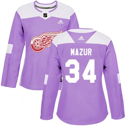 Women's Authentic Detroit Red Wings Carter Mazur Adidas Hockey Fights Cancer Practice Jersey - Purple